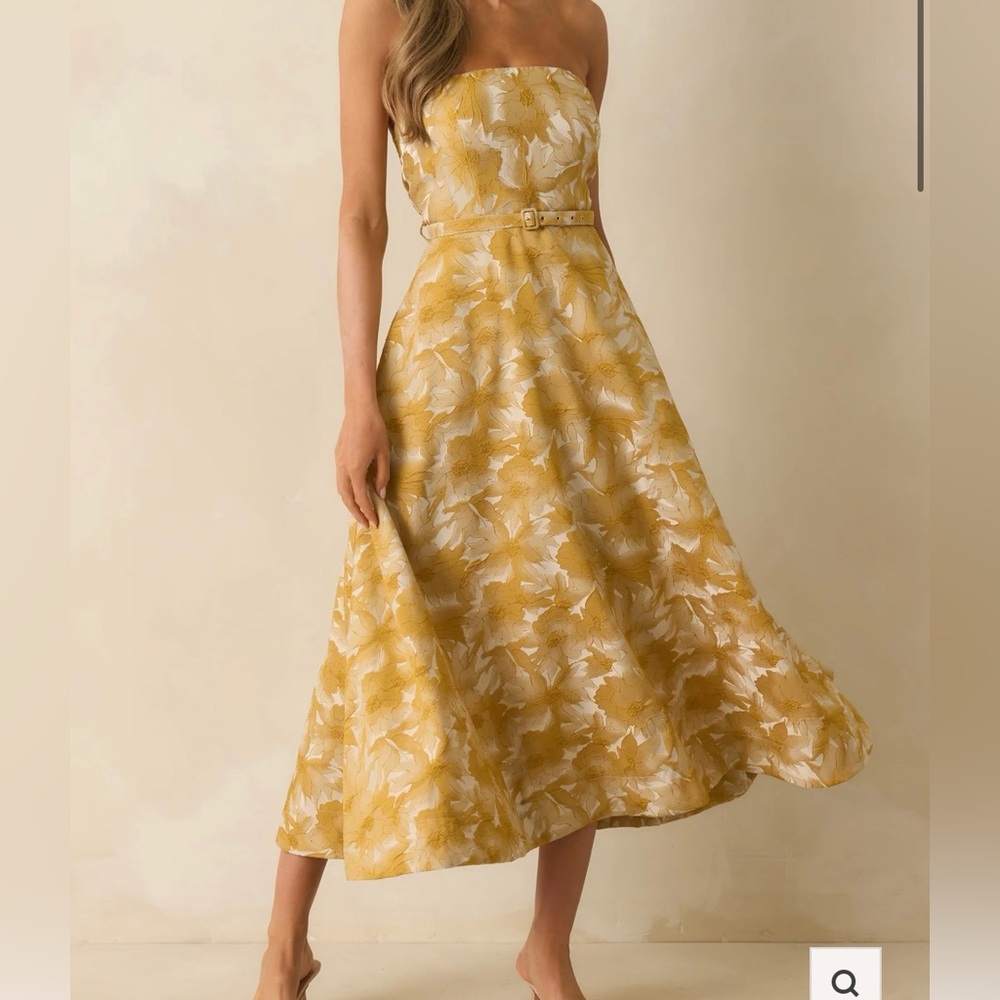 Yellow Floral Belted Midi Dress - Women